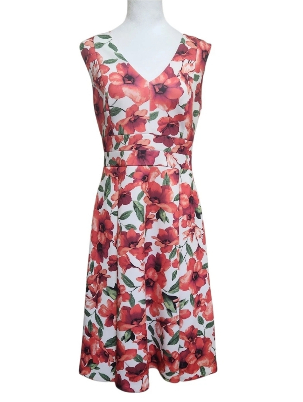 Calvin Klein Floral Fit Flare Dress Womens 10 Red White Pleated Stretch Midi - Picture 3 of 16